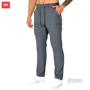 Men's Lightweight Cargo Pants with Elastic Waist Drawstring Pockets